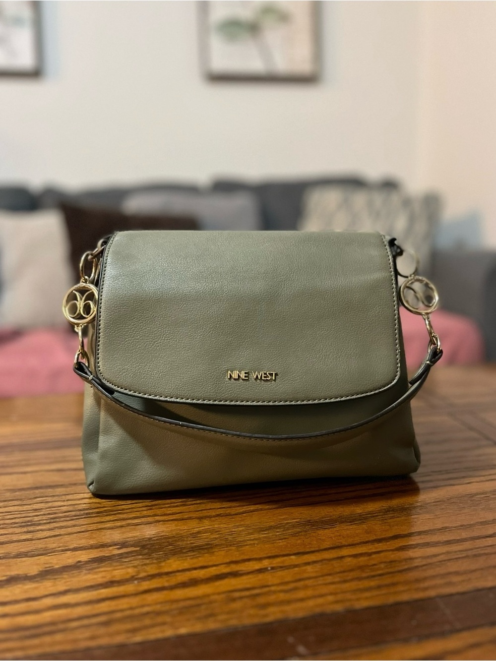 Nine West Olive Green Crossbody Shoulder Bag with Gold Hardware
